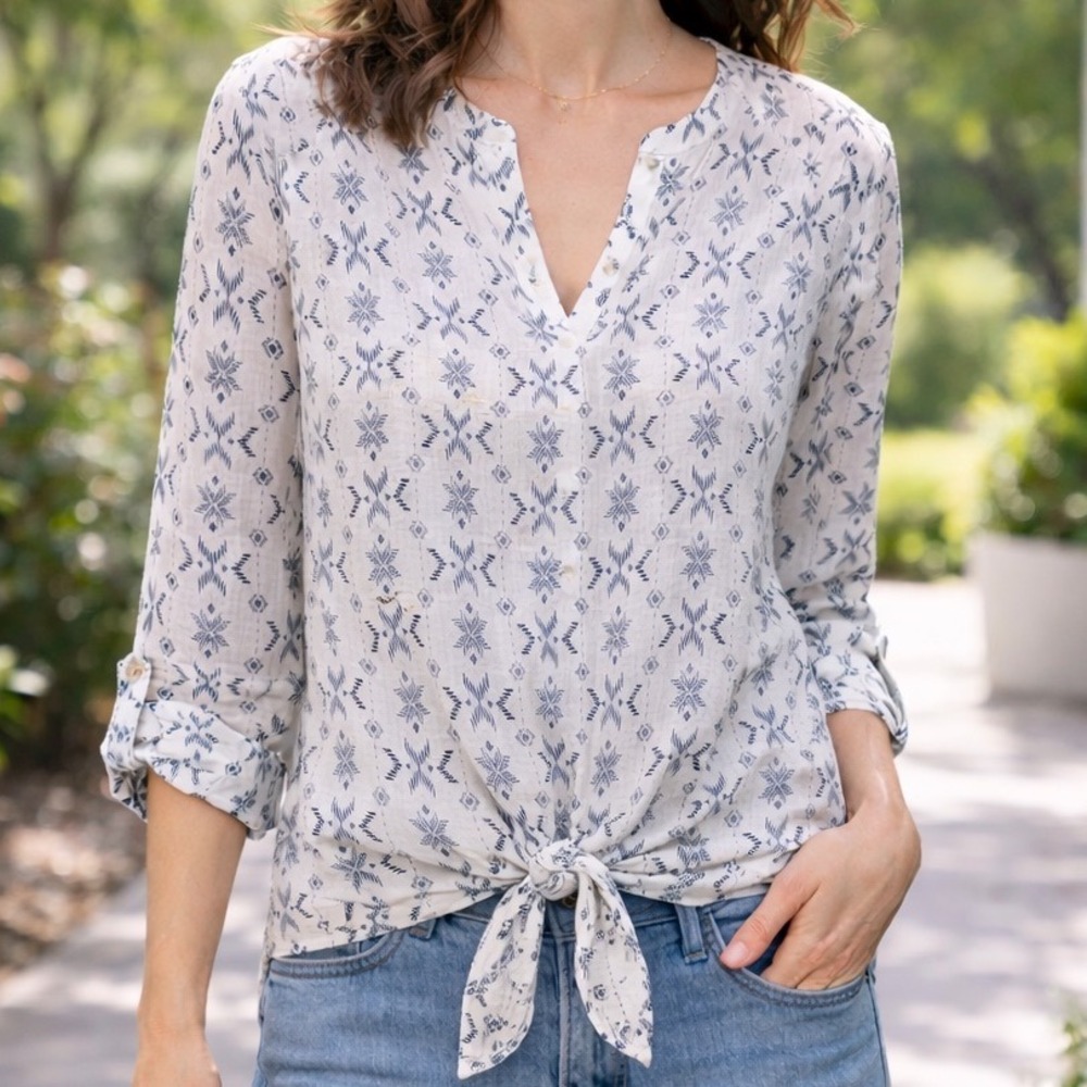 Becool Linen Blend Popover Top Blue White Aztec Medium‎